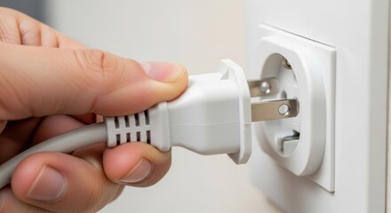 A hand inserting a white electrical plug into a white wall outlet.
