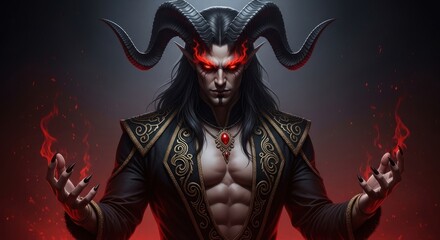 A demon with red eyes and horns stands with hands outstretched amidst red flames in a dark background