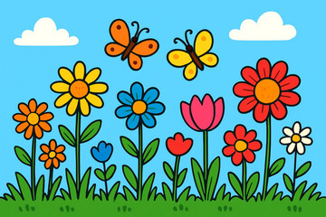 Cheerful Cartoon Flowers and Butterflies Spring Garden Illustration