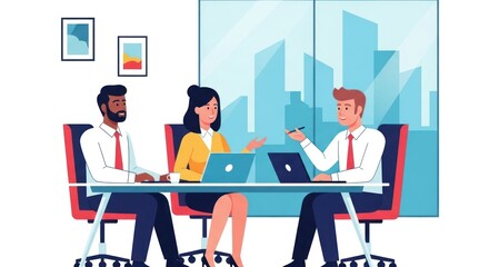 Three business professionals are having a meeting at a table with laptops in an office setting.