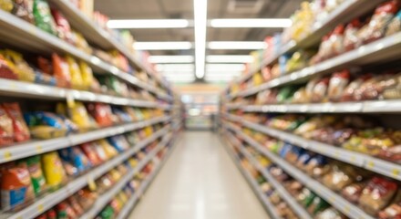 Fototapeta premium Blurred Perspective of Grocery Store Aisles with Packaged Products on Shelves, Shopping Concept.