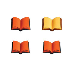 Four open books with orange and yellow pages arranged in a grid on white background