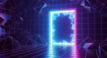 A glowing portal framed by neon light, set in a futuristic, geometric environment.