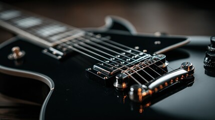 Close-up of black electric guitar's body and neck