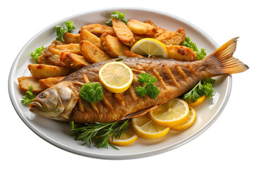 Crispy Fried Fish with Lemon Wedges and Potato Wedges, Gourmet Dish, Appetizing Food Photography