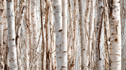 Slender silver birch trunks reflecting soft morning light