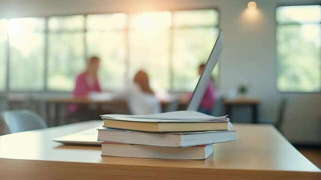 Stack of books and open laptop on modern cafeteria table