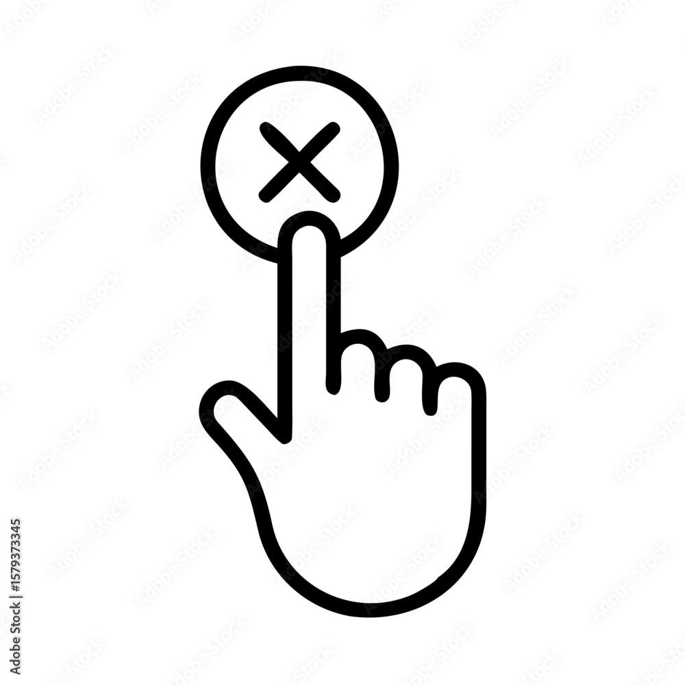 Poster a hand with a finger pushing a button with an x symbol indicating a close or delete action icon desi