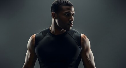 Fototapeta premium Powerful Physique A Muscular Man in Black Athletic Wear Gazes Pensively Towards the Left, Against a Dark Grey Background. A Study in Strength and Determination.