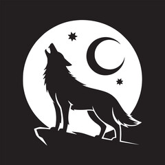 Wolf howling at moon silhouette vector illustration night scene wildlife animal graphic design concept art