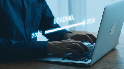 Visualizing the shift from 2025 to 2026. Progress bar symbolizing advancement, strategic foresight,...