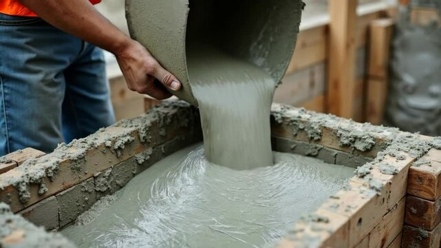 Concrete being poured into wooden formwork on construction site