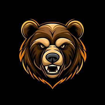 Brown bear head showing teeth growling on black background