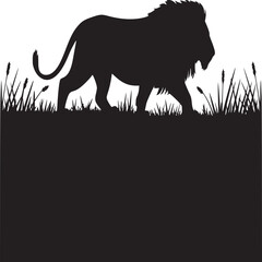 Lion silhouette vector illustration walking through tall grass wildlife animal king of the jungle design