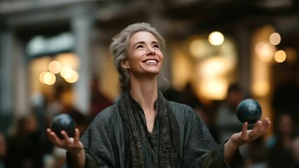 A performer juggling props in a lively street crowd