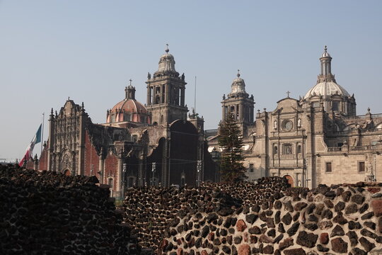 Metropolitan Cathedral seen from Templo Mayor, Mexico City