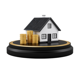 3D icon of gold coins and a home model with a melting amber stock market candlestick chart, transparent background, PNG element.