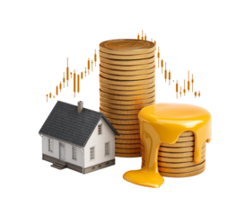 3D icon of gold coins and a home model with a melting amber stock market candlestick chart, transparent background, PNG element.