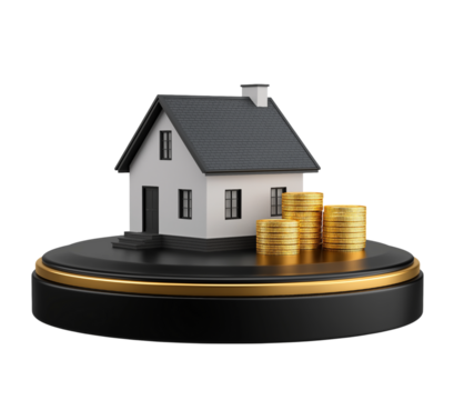3D icon of gold coins and a home model with a melting amber stock market candlestick chart, transparent background, PNG element.