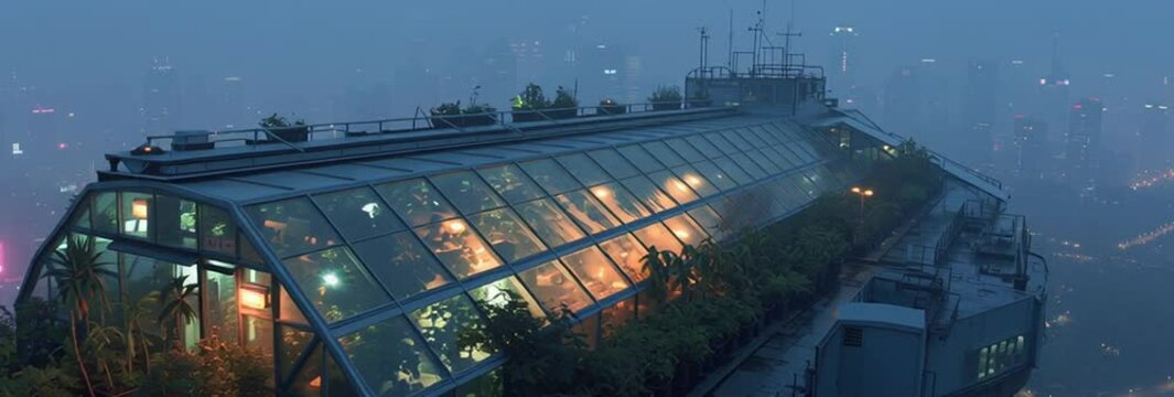 Glowing rooftop greenhouse above misty futuristic city