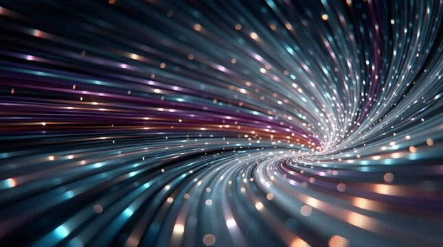 Glowing fiber-optic vortex tunnel in abstract digital space