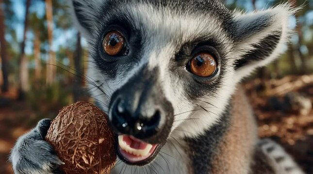 Close-up of curious lemur holding nut in forest