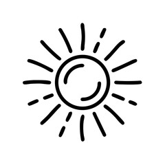 A simple black and white drawing of a sun with rays radiating outwards in a minimalist style design