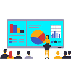 Fototapeta premium Business Presentation Illustration-Woman Presenting Charts to Audience-Data Analysis and Strategy-Financial Insights-Investor Pitch-Corporate Meeting