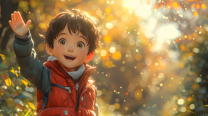 A cheerful boy in a red vest stands outdoors with sunlight behind him, joyfully waving his hand, capturing a playful and bright moment filled with energy and warmth.

