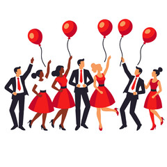 Diverse Group Celebrating with Red Balloons - Business Professionals in Festive Attire - Celebrating Success Together - Happy Teamwork Concept - Corporate Event Illustration