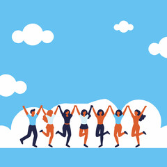 Diverse group celebrating under the FBY letters-Community unity and diversity illustration-Empowering collaboration and teamwork-Vibrant people united in celebration