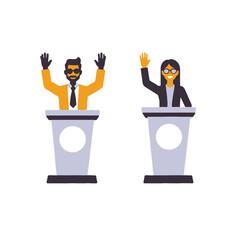 Diverse Political Candidates on Podiums - Engaging in Public Debate - Illustration of Equality and Civic Participation in Elections and Democracy