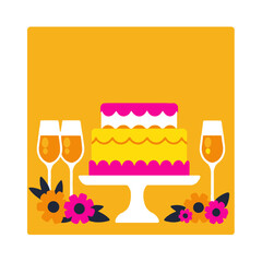 Elegant Birthday Celebration Graphic-Two Tier Cake with Champagne-Floral Accents on Yellow-Ideal for Invitation-Greeting Card Design-Festive Occasion Art