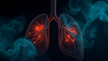 Illustration showing lungs with red spots and blue smoke against a dark background design