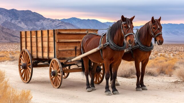 Two horses pulling wooden wagon in desert landscape at sunset