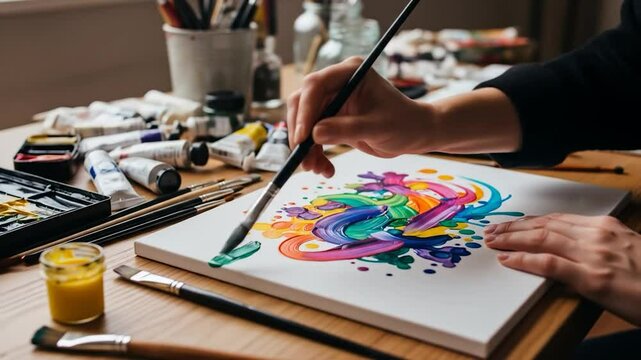 Artist's Hand Painting Colorful Abstract Swirls on Canvas with Brush in Studio