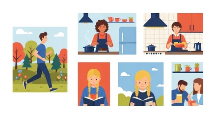 Collage of illustrations depicting diverse activities: running in a park, cooking, reading, and a couple enjoying a drink.