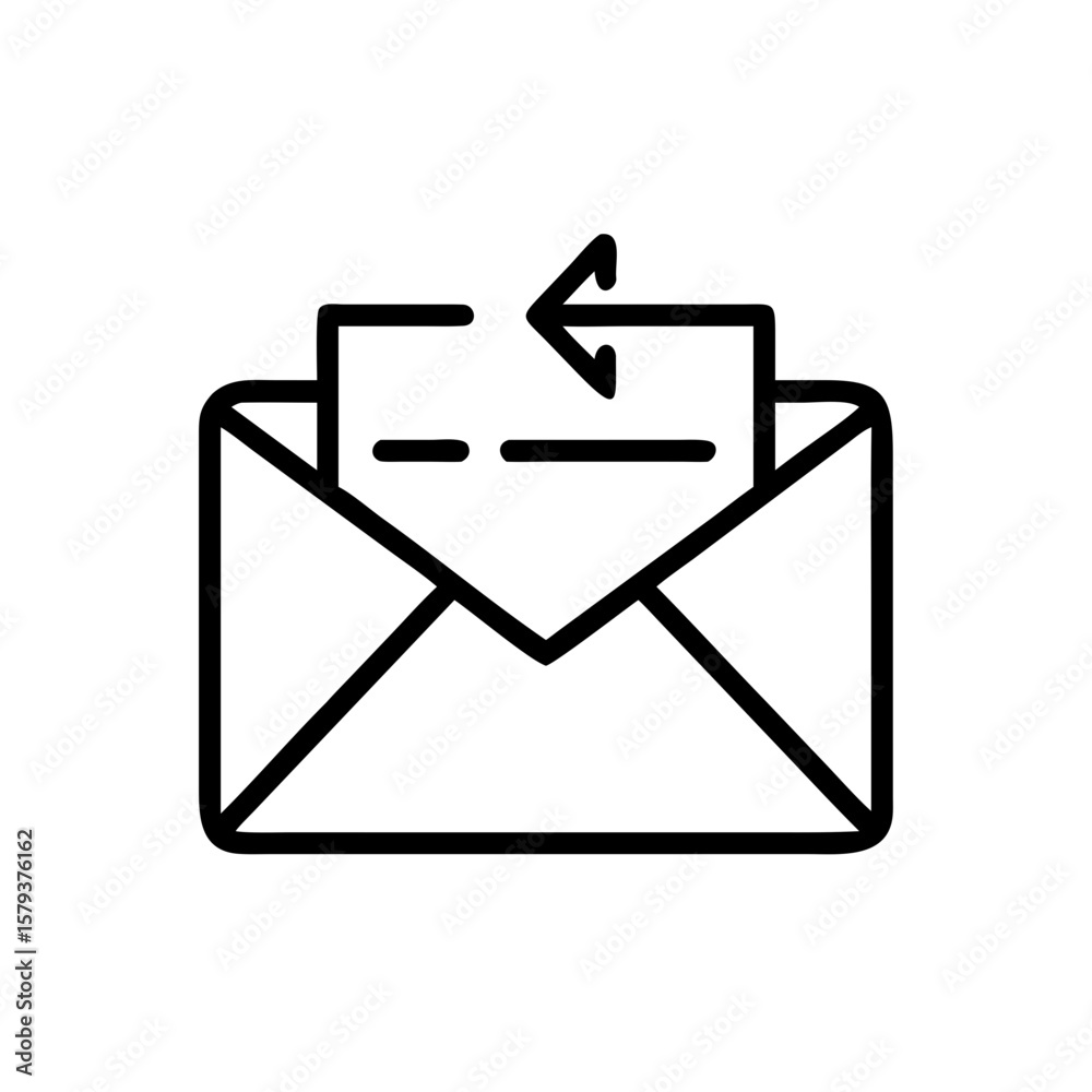 Poster outline of open envelope with letter and arrow indicating a reply or return message action icon