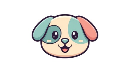 Cartoon illustration of a happy dog's face with colorful patches and a smiling expression.