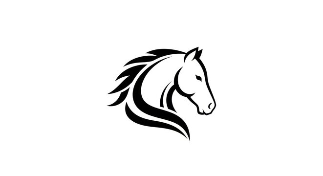 Stylized black and white profile of a horse's head, with decorative mane and flowing tail.