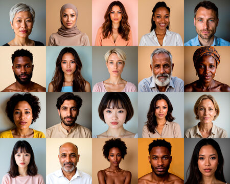 Diverse group of individuals expressing a range of emotions in a colorful portrait collection