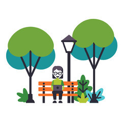 Woman working on laptop in park illustration - Girl on bench under trees - Freelancer enjoying nature - Vector design for websites and graphics_