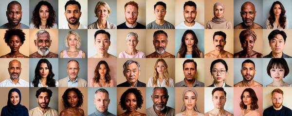 Diverse expressions of humanity captured in a harmonious collage of faces showcasing unity and individuality from various cultures