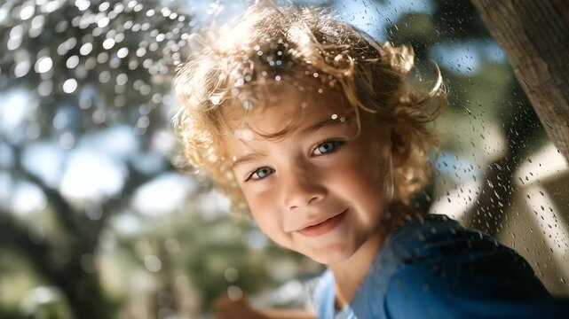Child playing in the rain with a raindrop on glass