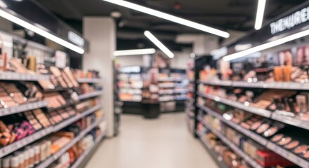 Blurred view of cosmetics and makeup products displayed on shelves inside a modern retail store.