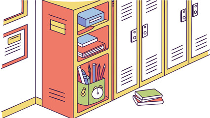 A vibrant isometric illustration of a school hallway featuring colorful lockers with books and art supplies neatly organized within an open locker compartment