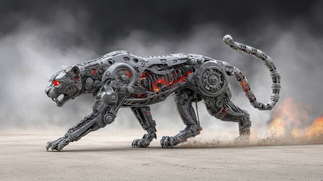 Metal cyborg cat, a war robot, in dystopian post-nuclear war scenery