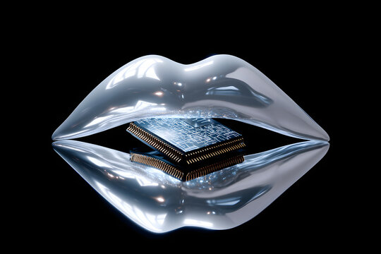 Futuristic robotic lips holding a digital chip in a sci-fi tech concept portrait