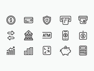 Financial Icon Set: A comprehensive set of financial icons, meticulously designed to represent various aspects of finance and banking in a clear and concise manner.