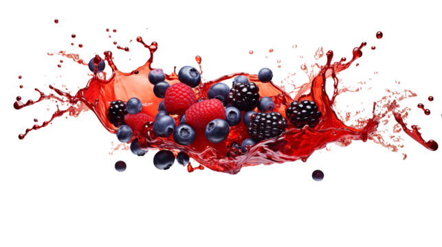 Fresh raspberries and blueberries splash with vibrant juice against a black backdrop. - Powered by Adobe